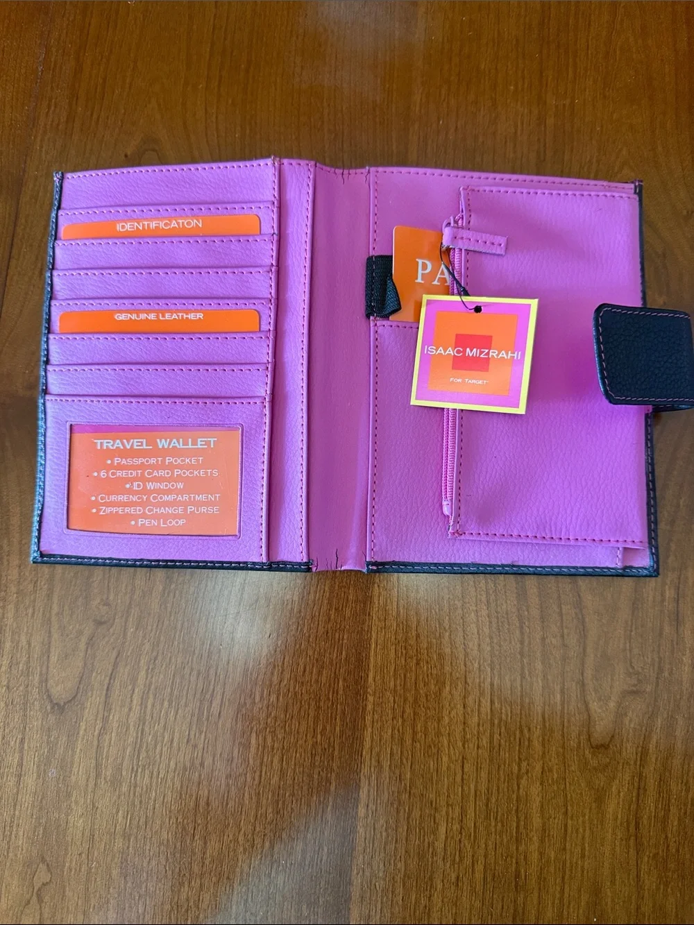 Isaac Mizrahi Black Leather Passport case with Pink Stitching